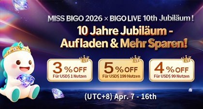 Feiere das 10-jährige Jubiläum von BIGO mit LivesBuy! Sichere dir 5 % Rabatt-Coupons
