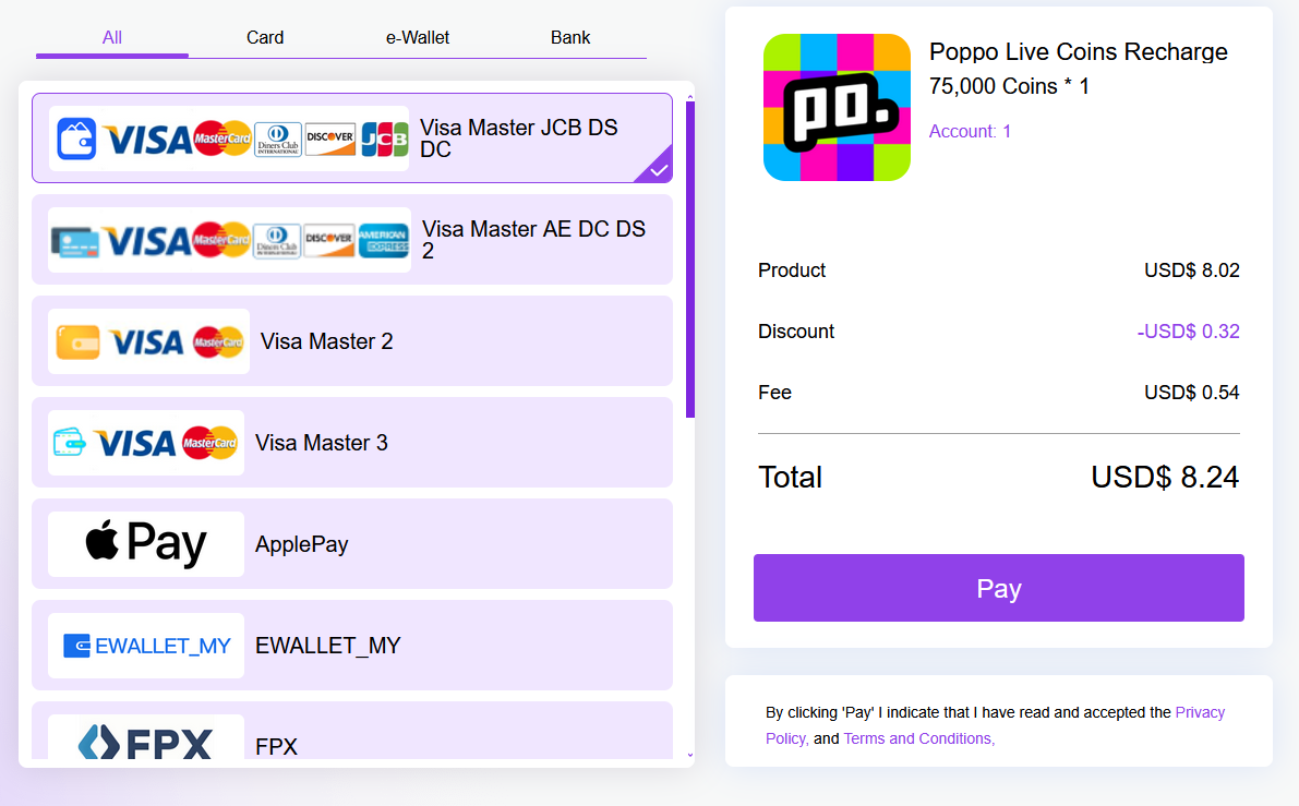 Poppo recharge payment methods
