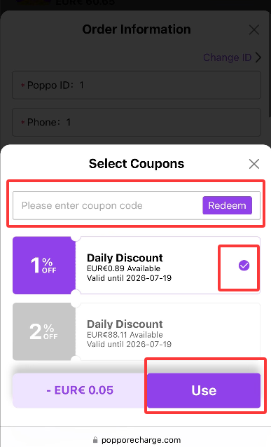 Redeem coupons to top up Poppo Coins